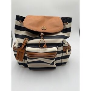 Tory Burch Striped Coated Canvas and Leather Drawstring Backpack Blue/White